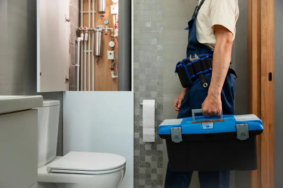 Plumber of the Plains technician carrying a toolbox into a bathroom